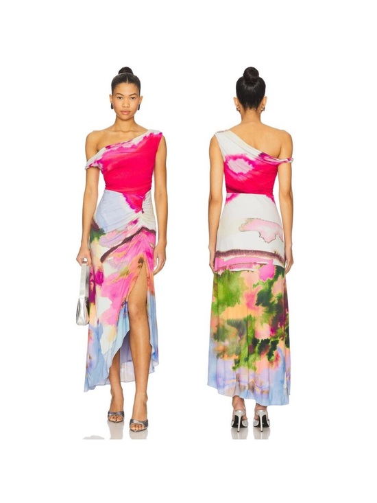 AMUR Dresses & Skirts - AMUR One-Shoulder Maxi Dress in Hot Pink & Pastel Print